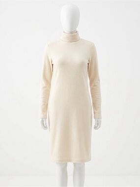 Boutique Cowl Turtleneck Long Sleeve 100% Cotton Knit Midi Dress in Cream
